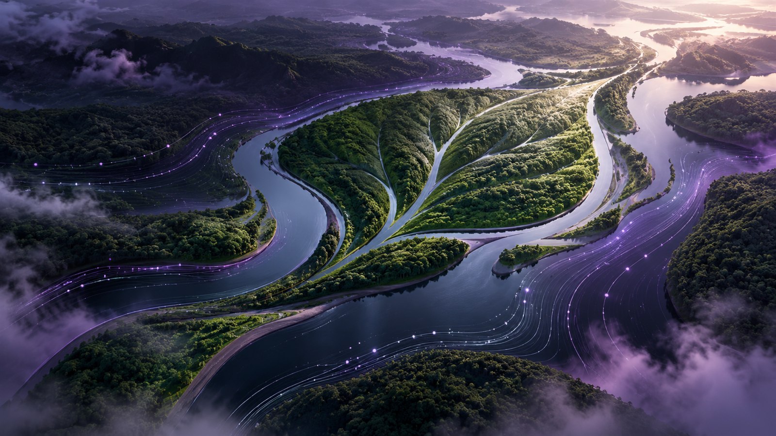 Paisagem fluvial integrada a fluxos digitais, representando o pilar ambiental