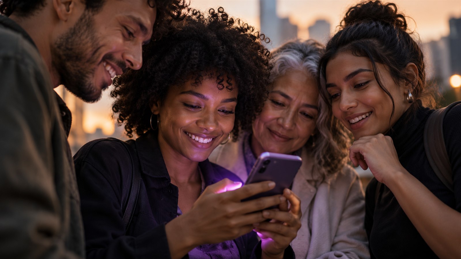 Pessoas diversas reunidas em torno de um celular, representando inclusão financeira